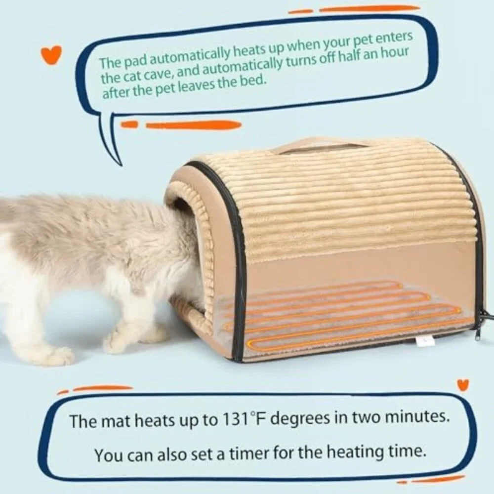 Smart Heated Cat Bed Cave Pet House for Indoor Cats & Small Dogs, Washable & Fol